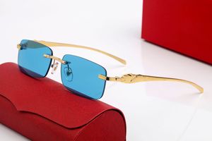 Nya modemän designer solglasögon reflektion spegel solglasögon kvinnliga ramlösa blå svarta solglasögon för kvinnor guldramar panterhuvud