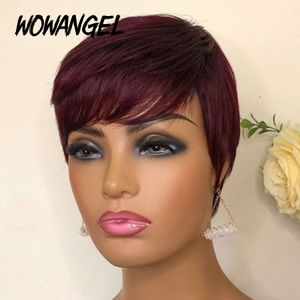 Borgonha vermelha 99J ombre cor curta bob pixie cortou perucas de cabelo humano brasileiras com franja para mulheres negras