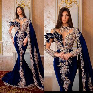 Royal Blue Arabic Prom Dress High Collar Applique Lace Mermaid Satin long sleeved Customized Evening Dresses Sheer Hollow Back Ruched Party