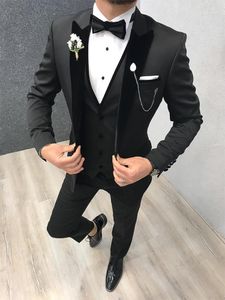 Męskie garnitury Blazers Anniebritney 3 Sztuka Black Wool Slim Fit Suit Suit 2022 Velvet Lapel Skinny Groom Tuxedo dla Men Prom Formal