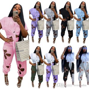 Women Two Piece Pants Set Drawstring Cotton Pullover Sunscreen Short Sleeve Lace Hole Irregular Top Set Outfits