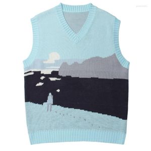 Kamizelki męskie lakible Harajuku streetwear dzianinowe swetry pullover wschód słońca graficzny v kamizelka szyi kamizelki swobodne rękawy zbiorniki dzianiny guin22