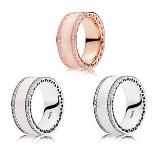 3 färger Emaljbandringar 925 Stelring Silver Women Wedding Love Hearts Designer Ring med originalbox för Pandora Pink Stone Ring