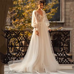 Elegant A-line Wedding Dresses Long Sleeve Sexy V Neck A Line Bridal Gowns Lace Appliques High Waist Plus Size Sweep Length Train Custom Made