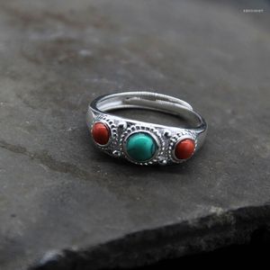 Cluster Rings Ethnic Style Silver Ring Tibetan Characteristic Inlaid Turquoise Index Finger Jewelry Accessories Edwi22