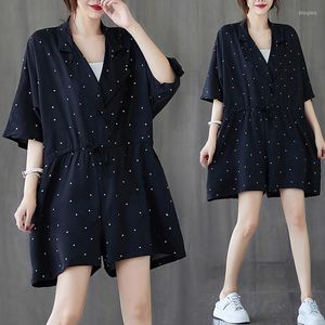 Kvinnors jumpsuits rompers plus storlek jumpsuit kvinnor sommar 2022 prick tryck batwing shorts lapel overaller löst elegant för byxduit 5595Wome