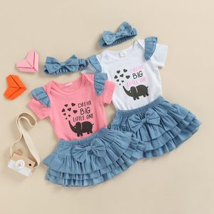 Clothing Sets Cute Born Set Baby Girl Elephant Letter Short Sleeve Romper Top Ruffle Skirt Headband Summer Outfits ClothesClothing