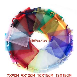 50pcs 21 Color 7x9 9x12 10x15 13x18 см. Сумки Organza Gift Bag Drawlable Dewelly Упаковочные мешочки Can Custom 220706