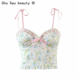 Moda Verão Sexy Malha Costura Floral Cópia Câmeras Curta Vest Botão Crop Tops para Mulheres 220325