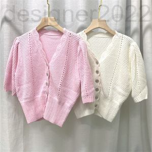 Wholesale bubble buttons resale online - Women s Sweaters designer summer fresh sweet hollow out knitted cardigan bubble sleeve deep V corrugated diamond button single breasted blouse women VWR