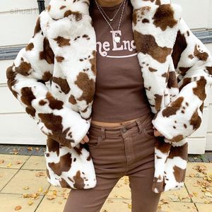 Leopard tryck avslappnad Löst faux päls Coat Warm Woman Coat 2020 Winter Streetwear Female Fluffy Overcoat Y2K Fashion Outfit L220725