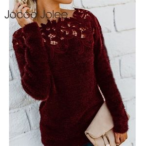 Women Women Autumn Lace Patchwork Sweater Casual Fleece Plush Pullover Elegant Hollow Out Slash Neck Tops بالإضافة إلى الحجم 201221