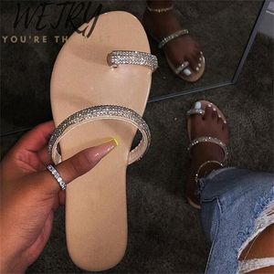 Bright Diamond Slippers Crystal Hollow Flat Slide Ladies Open Toe Comfort Slip On Outdoor Beach Sandals Y200423