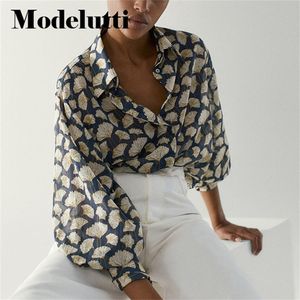 Modelutti outono blusa feminina estilo inglaterra aconchegante moda elegante folha impressão solta seda solta blusas mujer de moda camisa topos 220727