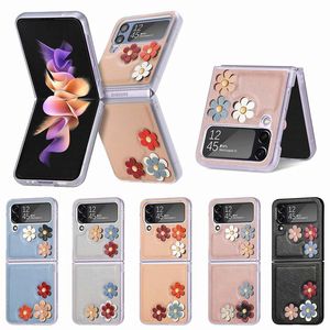 Fashion 3D Flower Flip Leather Cases For Samsung Galaxy Z Flip 4 Flip4 ZFlip4 Folding Hard PC Plastic Clear Lace Cute Floral Smart Phone Mobile Cellphone Cover Pouch