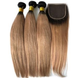Atina Queen Two Tone #1b/27 Lace Closure with Bundles Straight Ombre Honey Blonde Human Hair Bundles Brazilian Remy Hair Weave