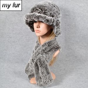 Beanie/Skull Caps Women Warm 2 Pieces Set Knit Real Rex Fur Hat Scarf Cap Scarves Natural Ring Shawl Hats1 Eger22