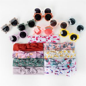 Flower Sunglasses Baby Girls Floral Print Bow Headband Baby Boy Girl Seaside Mental Eyeglasses Kids Hair Accessories