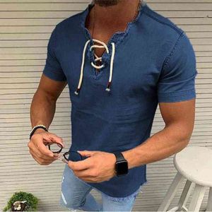 Oversized Men Casual T Shirt V Neck Lace Up Tee Summer Denim Solid Color Krótki rękaw Slim Sports Topy Y220426