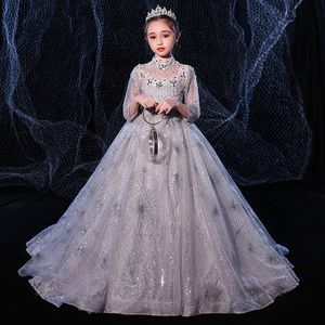 2022 Cheap Sliver Flower Girl Dresses for Weddings Lace Long Sleeve Girls Pageant Dresses First Communion Dress Little Girls Prom Ball Gown