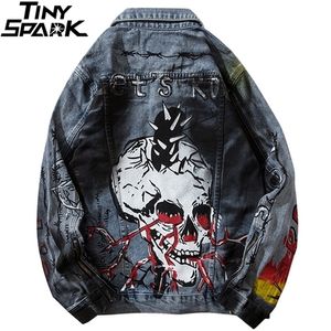 Erkek denim ceketler sokak kıyafeti kafatası grafiti mavi denim ceket ceket hip hop harajuku bombacı ceket punk rock vintage 201127