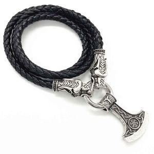 Colares pendentes nostalgia kolovrat símbolo eslavo Perun ax algiz rune viking lobo cabeças de couro colar colar de colar de couro sautoir longpendaz