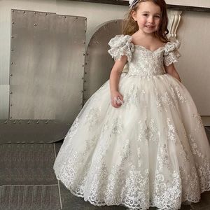 Flower Girl Dresses For Wedding Lace Off Shoulder Puffy Short Sleeve Communion Gown White Ivory Birthday Christening Dress 326 326