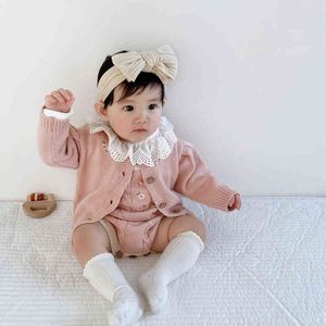 2022 spring and autumn children baby girl knitted embroidered sweater coat + twist romper creeper suit set winter G220510