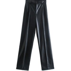TRAF Women Fashion Faux Leather Straight Pants Vintage High Waist Zipper Fly Female Trousers Mujer 220813
