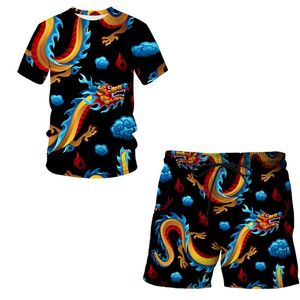 Herrspårar Dargon Print Men's Sports Suit T-shirt Shorts Workout Clothes 2-Piece Set Målning 3D Tryck på kort ärmen Sportkläder