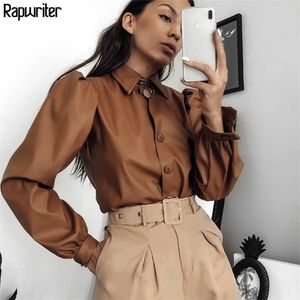 Rapwriter Casual Women Turndown Collar Long Puff Sleeve Faux Leather Blouse Streetwear Autumn Ladies Retro Tops Botões T200322