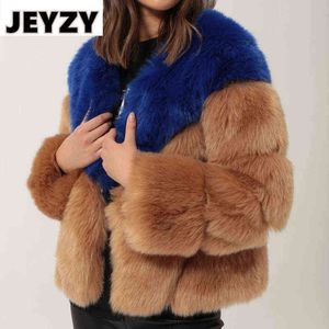 Lyxkontrastfärg päls kappa kvinnor vinter faux päls jackor rockar gata mode fluffig överrock tjock varm falsk pälsjacka T220810