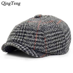 Autumn Winter Men Cap Berets Wool chapéus Novos capturas de xadrez vintage Cap mulheres casuais Hat gatsby chapéus de boina plana j220722