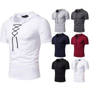 Mens Shorts With Cap Trendy Basic Solid Color Short Sleeve Lace-Up Front Hooded Fit T-Shirt Men's T-Shirts