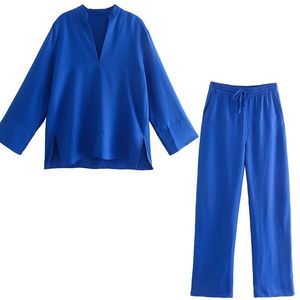 女性用Tシャツファッションウーマンカジュアル衣装クールな秋のシンスタイルスプリングルーズシャツロングストレートパンツスーツロイヤルブルー2ピースセットソル