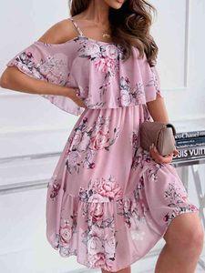مثير السباغيتي حزام امرأة لباس الصيف طباعة الأزهار قبالة الكتف Sundress الأنيقة شيفون A-line Beach Boho فساتين Vestidos G220510