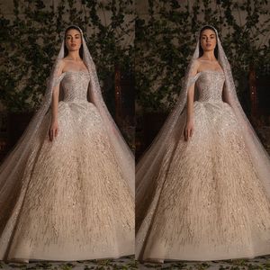 Elegant Wedding Dresses Ball Gown Puffy Off The Shoulder Tulle Lace Appliques Sequins Beaded Formal Bridal Gown Custom Size