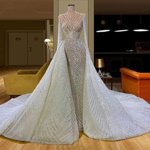 Sparking Illusion Long Sleeves Wedding Dresses Sequined Bridal Gown Custom Made New Design With Detachable Train Robes De Mariée