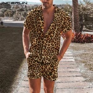 Homens de moda conjunta streetwear leopard tampa curta capa de lapela shorts de praia Ternos havaianos 2 peças PLUS TAMANHO INCERUN 220621