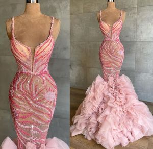 2022 Plus Size Arabic Aso Ebi Pink Mermaid Luxurious Prom Dresses Spaghetti Beaded Evening Formal Party Second Reception Birthday Engagement Gowns Dress ZJ660