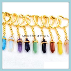 Искусство и ремесла Золотой шестигранный призма REIKI HEALING Natural Stone Keychains Чакра аметист розовый розовый хрустальный сердце Key Cole