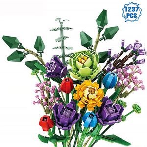 Tekniska idéer blommor bukett byggstenar moc romantiska rosblomma tegelstenar hem dekoration diy leksaker för flicka födelsedagspresent 220527