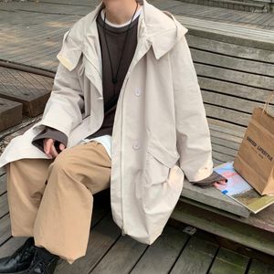 Męskie kurtki wiosenne bawełniane płaszcz męski moda swobodny z kapturem długi mężczyzna streetwear koreańska ogólna kurtka wiatrówka męska męska