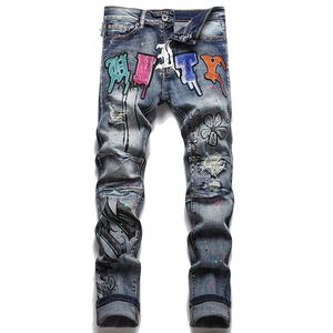 Sommarpunk herrjeans med tryck i bomull, jeansbyxor Mode Urban med mitten av midja Casual byxor för män Vaqueros de hombre