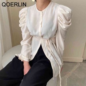 QOERLIN Chic Puff Sleeve Tie Shirt Women ONeck SingleBreasted Long Sleeve White Blouse Female Elegant Lace Up Tops Shirts Blue 210412
