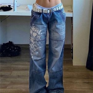 Zenaide gotiska tryck baggy jeans y2k låg stigning byxor blå vintage casual wide ben denim estetiska kvinnor last byxor svart 220701