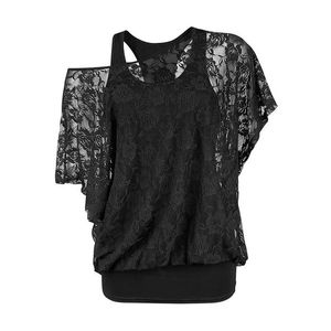 Moda de camiseta feminina Solid Black 2 em 1 Tops camisetas góticas de rosa Painel de renda grommet Corte o ombro frio de verão Camista casual 2022women