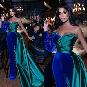 Velvet And Stain Evening Jumpsuit with Detachable Train Pleated One Shoulder Long Sleeve Arabic Prom Dress Pant Suit