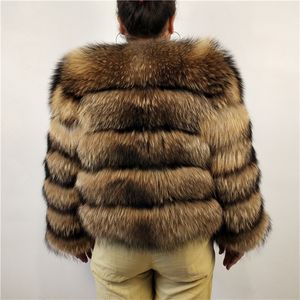 Real Natural Raccoon Fur Silver Short Coat Length 50cm Sleeve Long 55cm Winter Warm Women New B56 201112