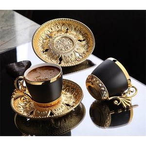 Turkish Golden Coffee Cups and Saucers Serving Set Ceramic Mugs for Home Decor Demistasse Porcelain 210309